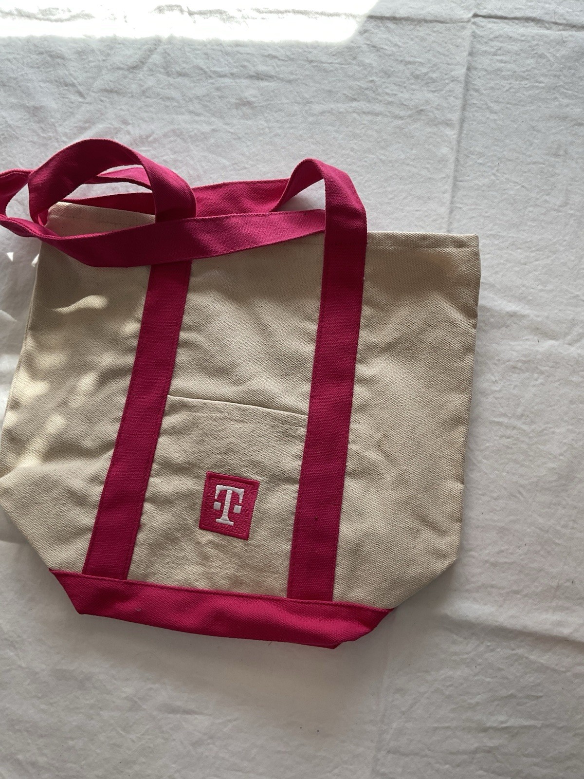 T-Mobile Beige/Pink Canvas Reusable Colorblock Tote Bag 12x10x6 in