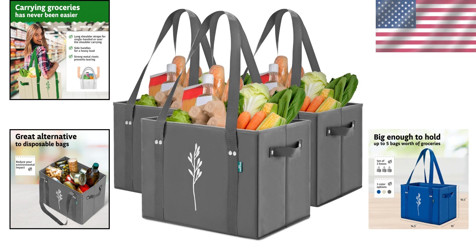 Bulldog Reusable Grocery Bags – Set of 3 Gray Totes