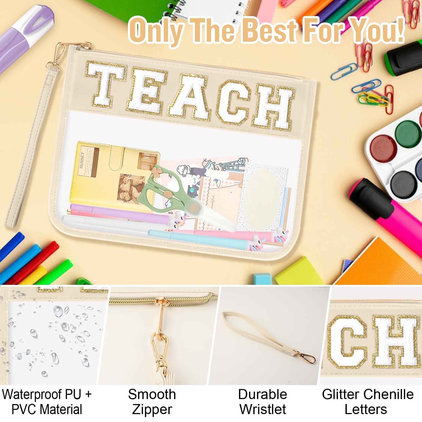 Teacher Appreciation Gifts TEACH Chenille Letter Clear Makeup TEACH, Beige