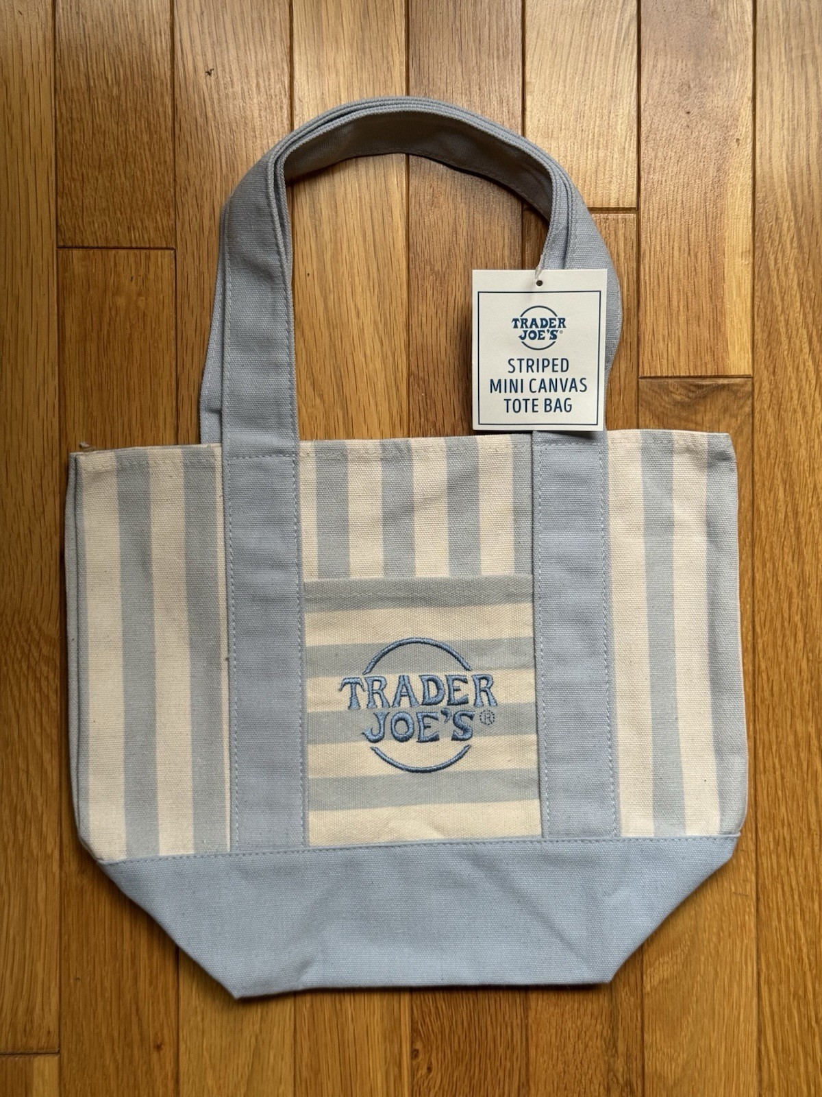 Trader Joe’s Mini Pastel Blue Stripe Canvas Tote Bag NWT Limited Summer 2026