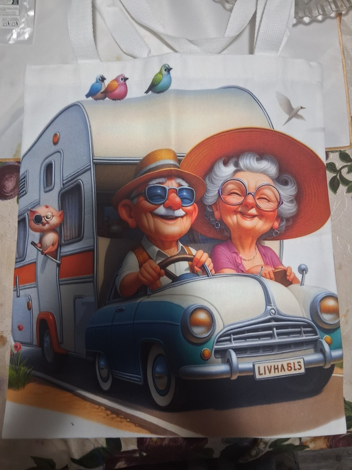 Reusable Tote Bag Multicolor Novelty Cartoon Road Trip Car & Camper Print