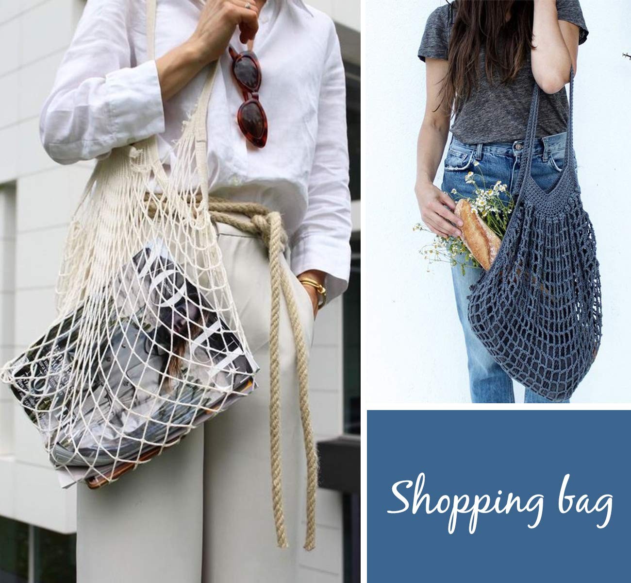 Mesh Grocery Bags, 5 Pack Reusable Washable Cotton String Shopping Bag, Cotton M