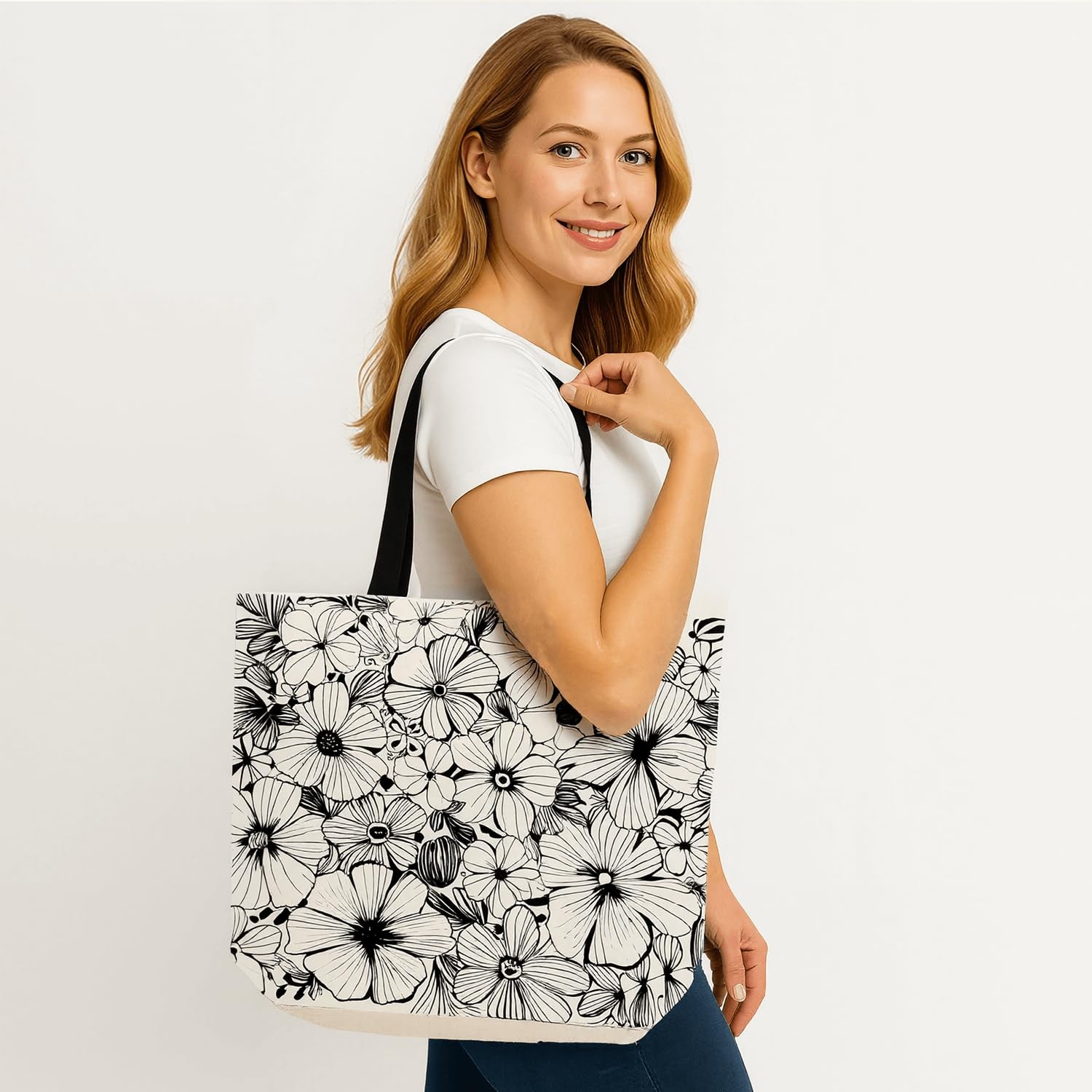 fahombag Large Canvas Tote Bag with Floral Line Art – 18 Inch Reusable Shoppi…