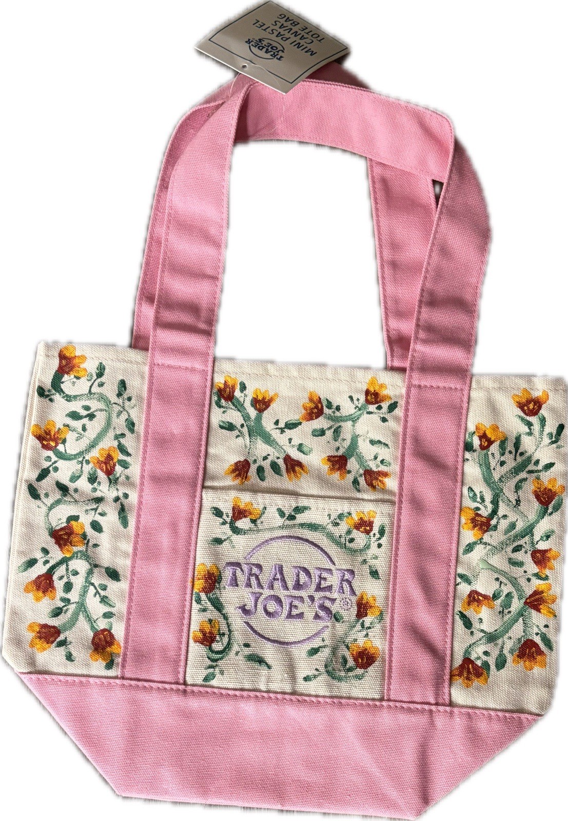 Hand painted Trader Joe’s Mini Canvas Tote Bag Pink Floral 12x10x6 in