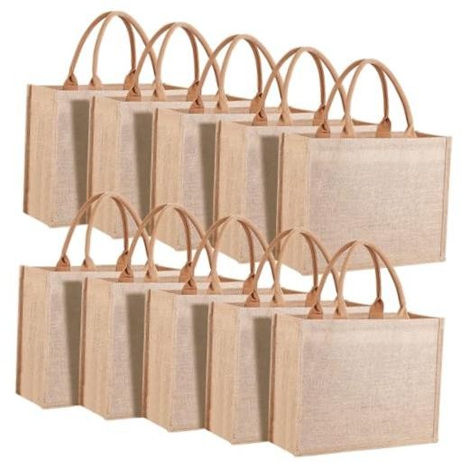 10 Pack Reusable Tote Bags with Handles, 15.1 x 11.8 x 5.5 inch Jute