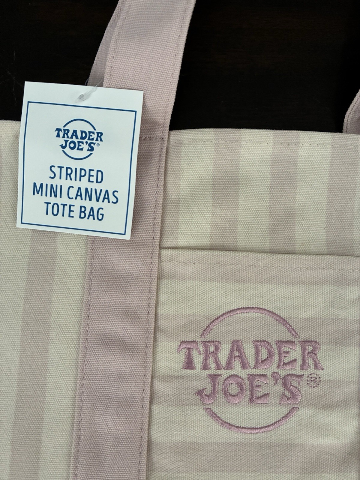 TRADER JOES ~ 4 MINI CANVAS STRIPED LIGHT GREEN, PINK, BLUE & TAN TOTE BAGS ~NEW
