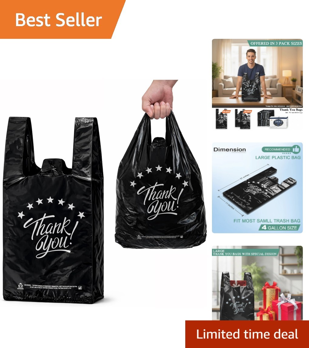 Tear-Resistant Black Thank You T-Shirt Bags – 200pcs, Perfect for Groceries
