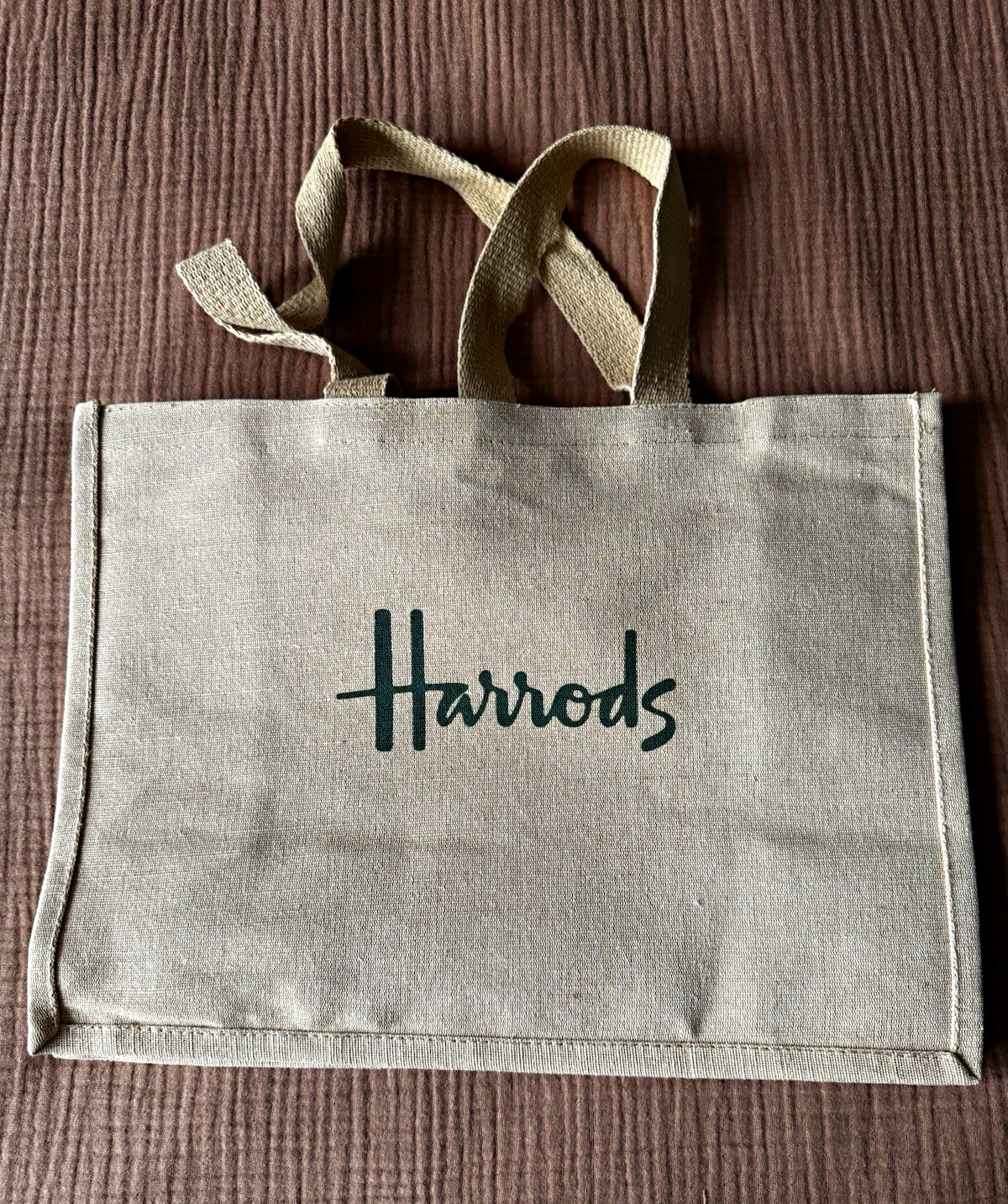 Harrods Beige Logo Jute & Cotton Reusable Tote Shopping Bag 16x12x2.5 in