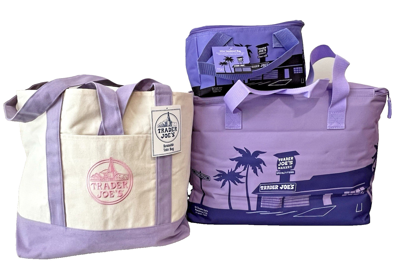 3 LAVENDER Trader Joe’s Canvas, Large, Mini Insulated Bags Set NWT Purple Lot