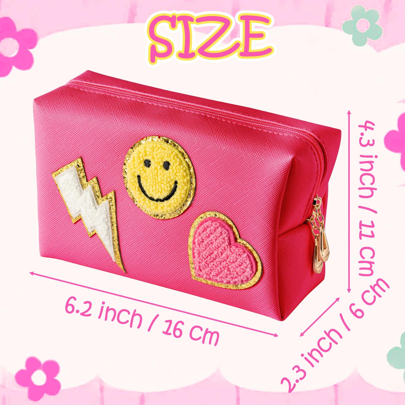 LieToi Preppy Patch Small Toiletry Bag, Smile Lightning Heart Small, Rose Red