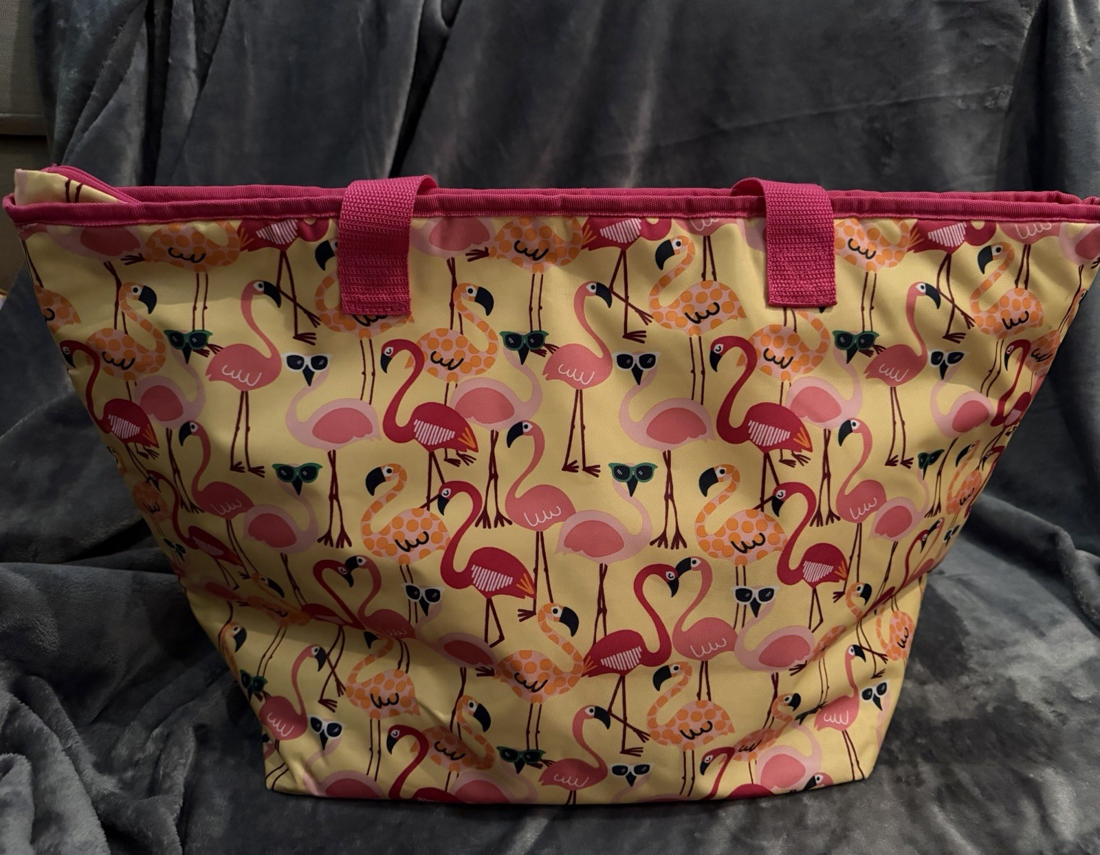 Thirty-One Flamingo Print Insulated Foldable Shopping Bag Pink Yellow Polyester