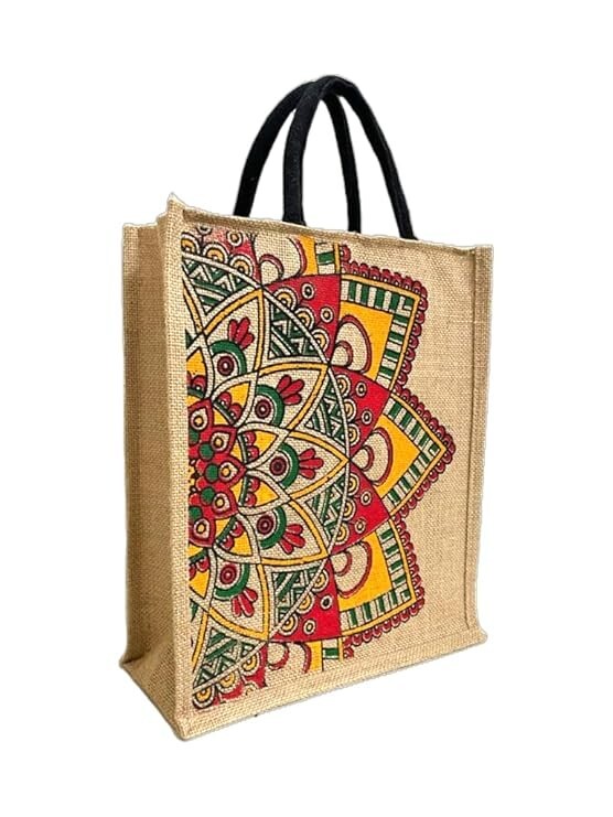 Eco-Friendly Jute Tote Bag with Unique Print, Hard Grip Handle & Zipper Reusable