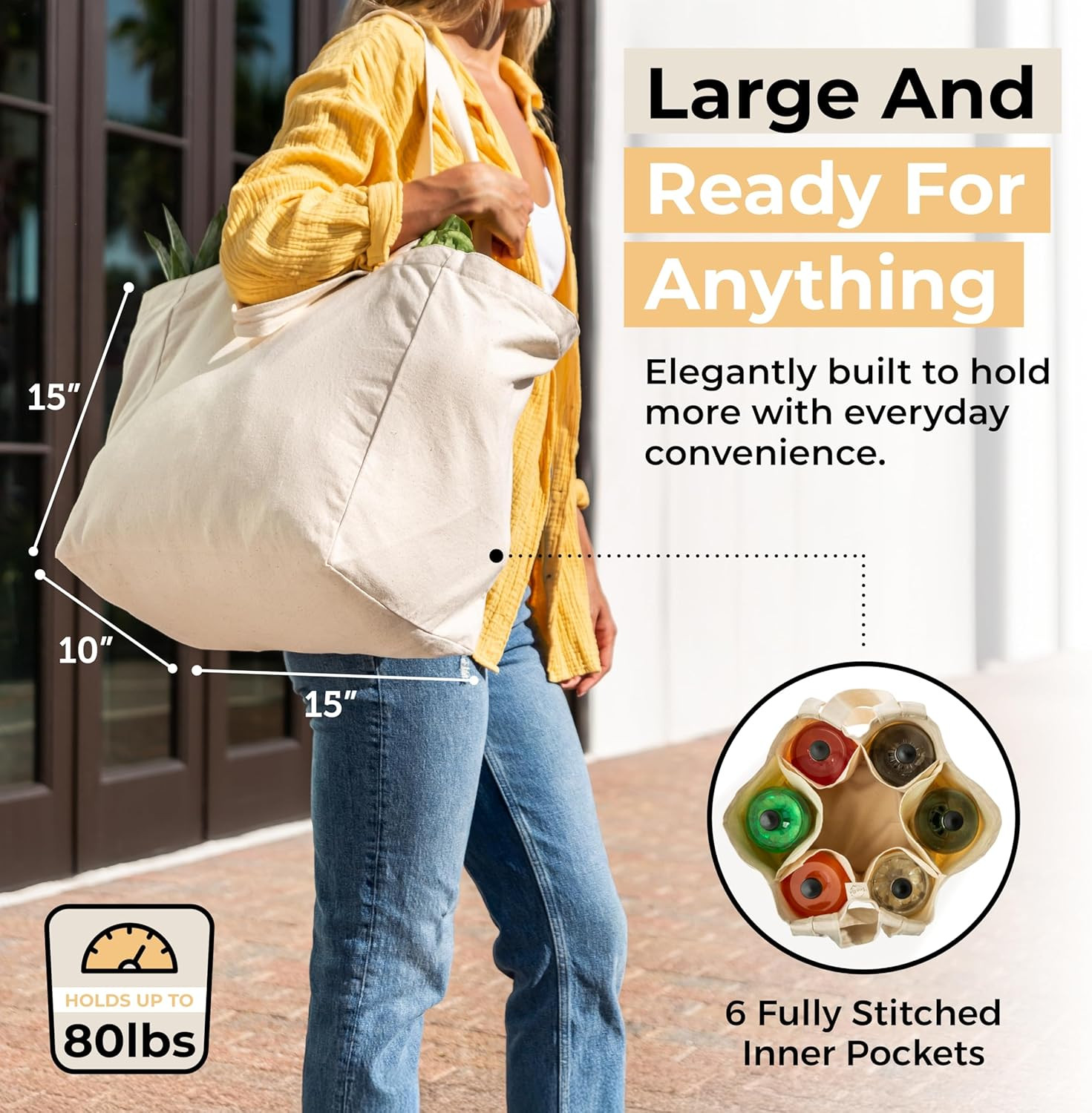 Canvas Grocery Bag 3pc XL Set with Real Pockets, Long Shoulder Strap and Short H
