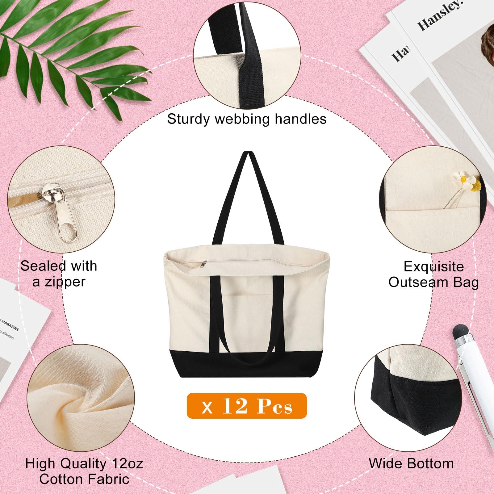 12 Pcs Canvas Tote Bag Bulk, 21 in Cotton Blanks Canvas Tote with Pocket Zipp…
