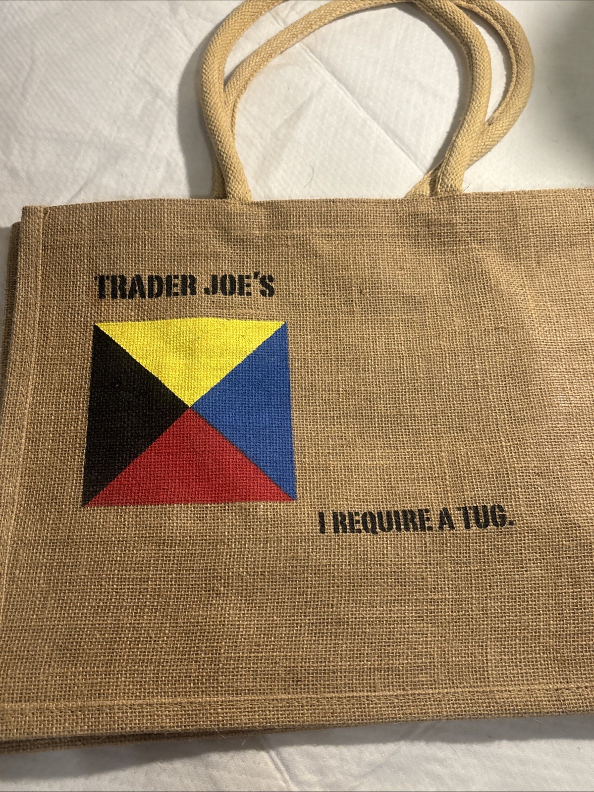 Trader Joe’s Jute Burlap Tote Shopping Bag Z Flag “I Require A Tug”