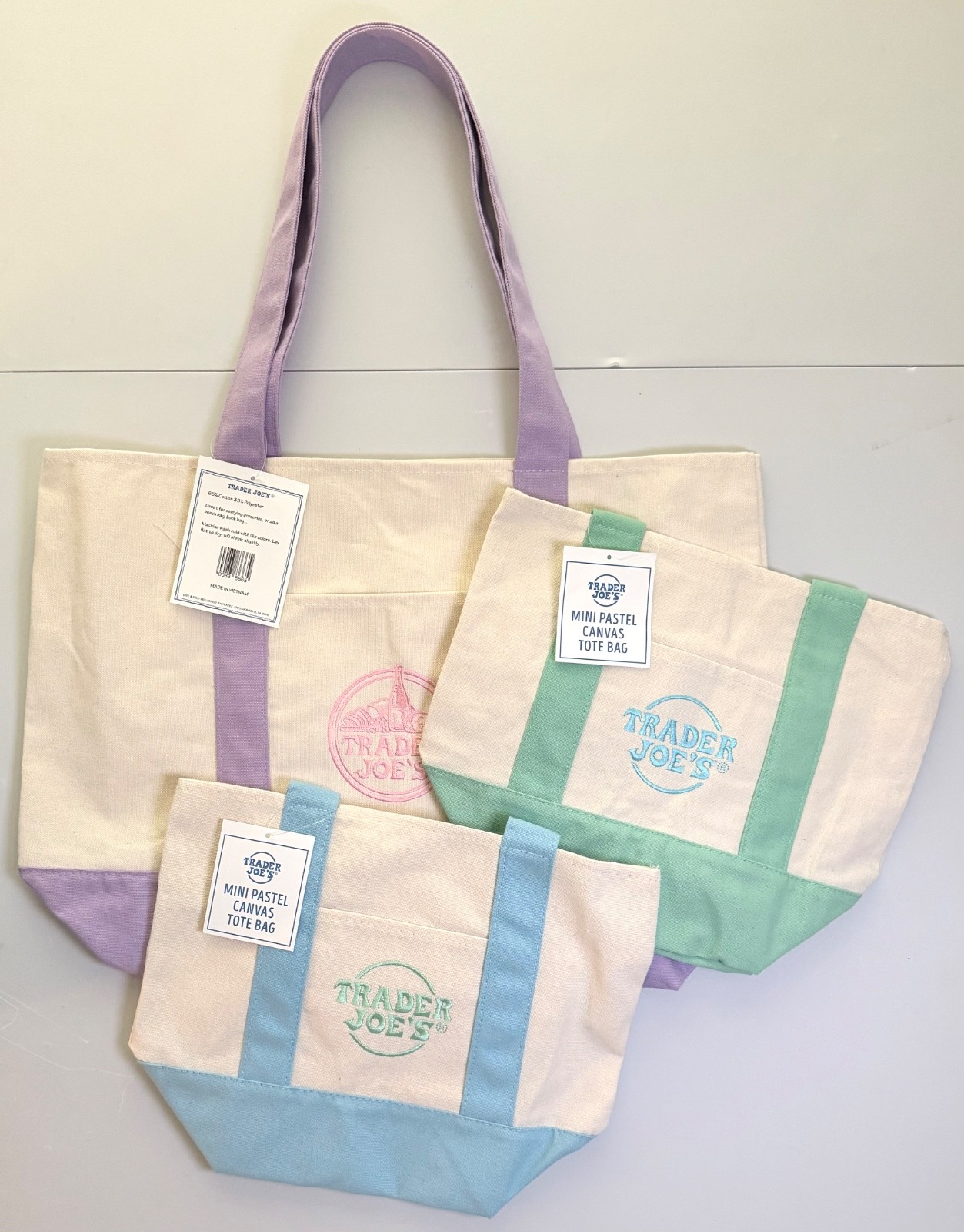 NTW Authentic Trader Joe’s Tote Bag Set of 3 (1 large/2 minis) Pastel Colors