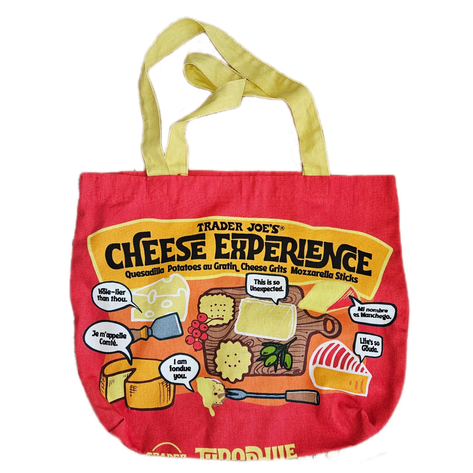 Trader Joe’s Foldable Canvas Shopping Bag Cheese Experience Red Yellow Pop Art