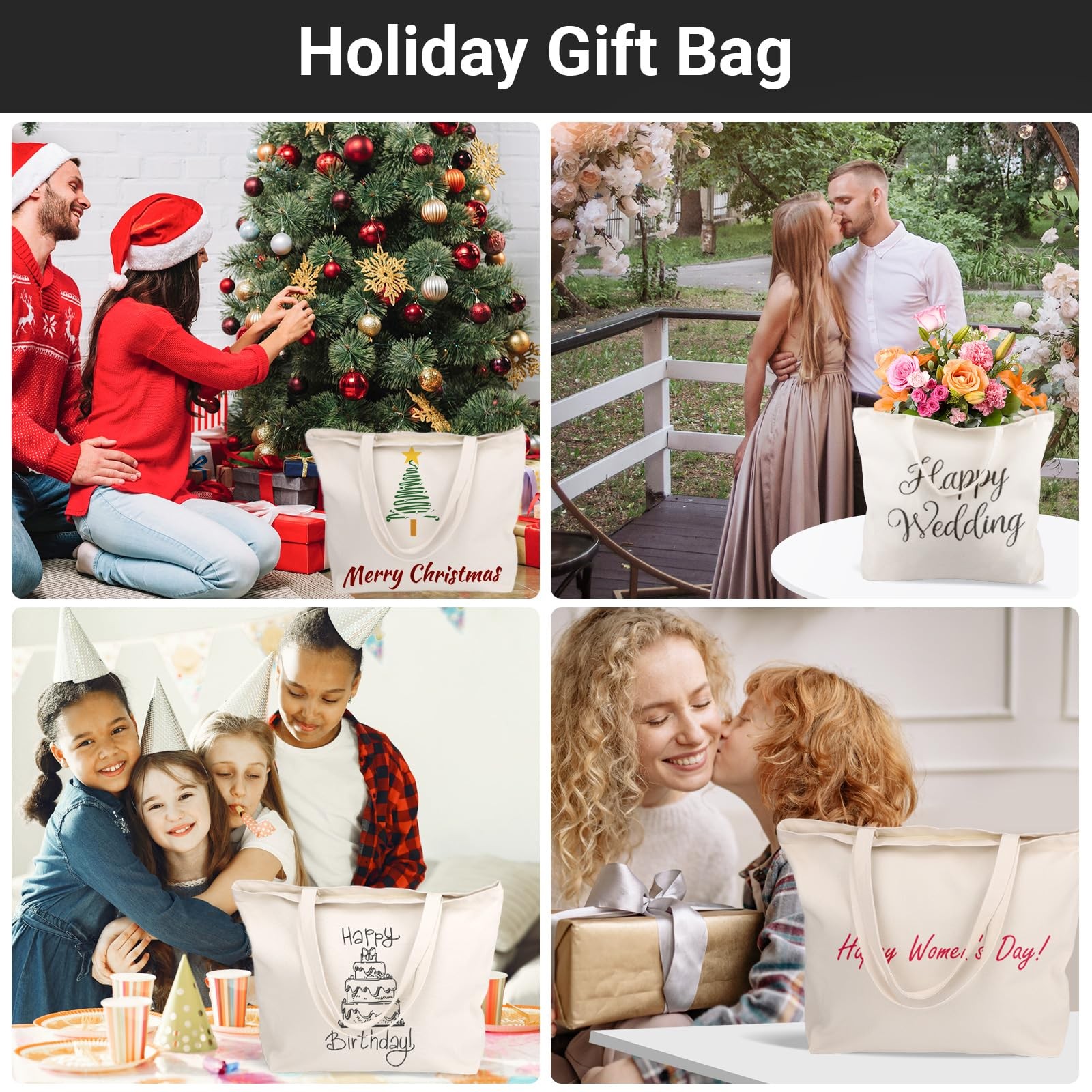 6 Pack Canvas Tote Bags with Zipper, 16×13 in Reusable Grocery Shopping Bags