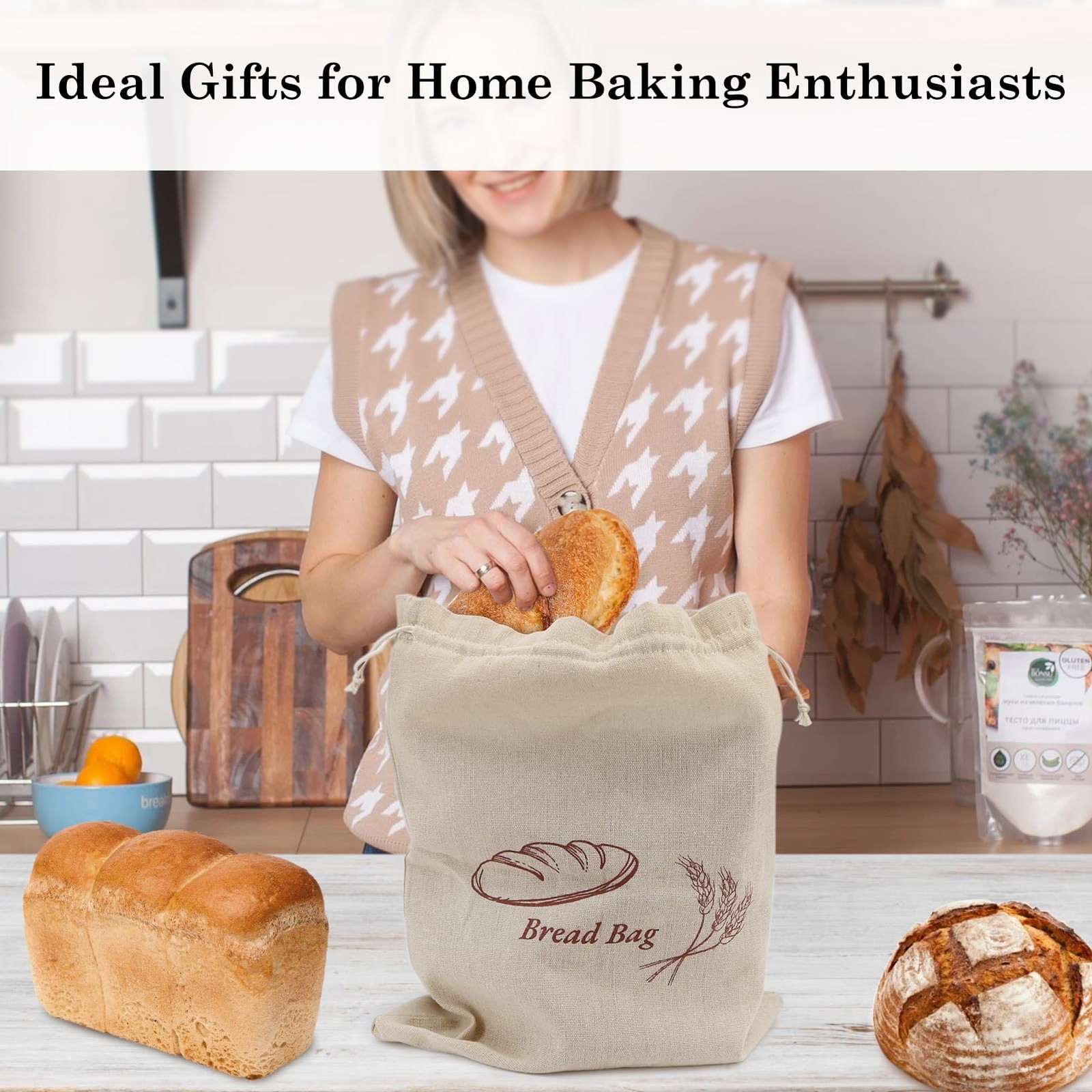 2 Pack Reusable Linen Bread Storage Bags with Plastic Lining, Sourdough Bread Ke