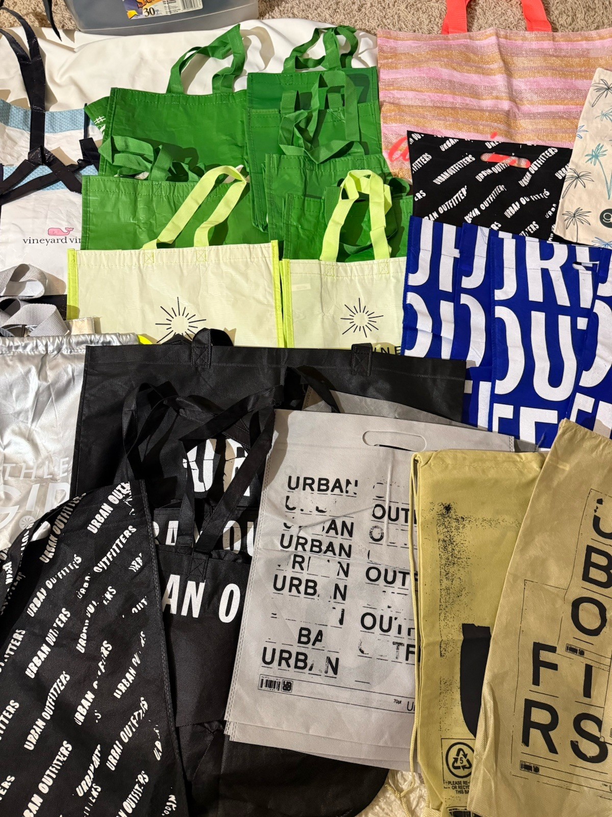 Reusable Shopping Tote Bags, Lot Of 34 Variety Colors Small Large