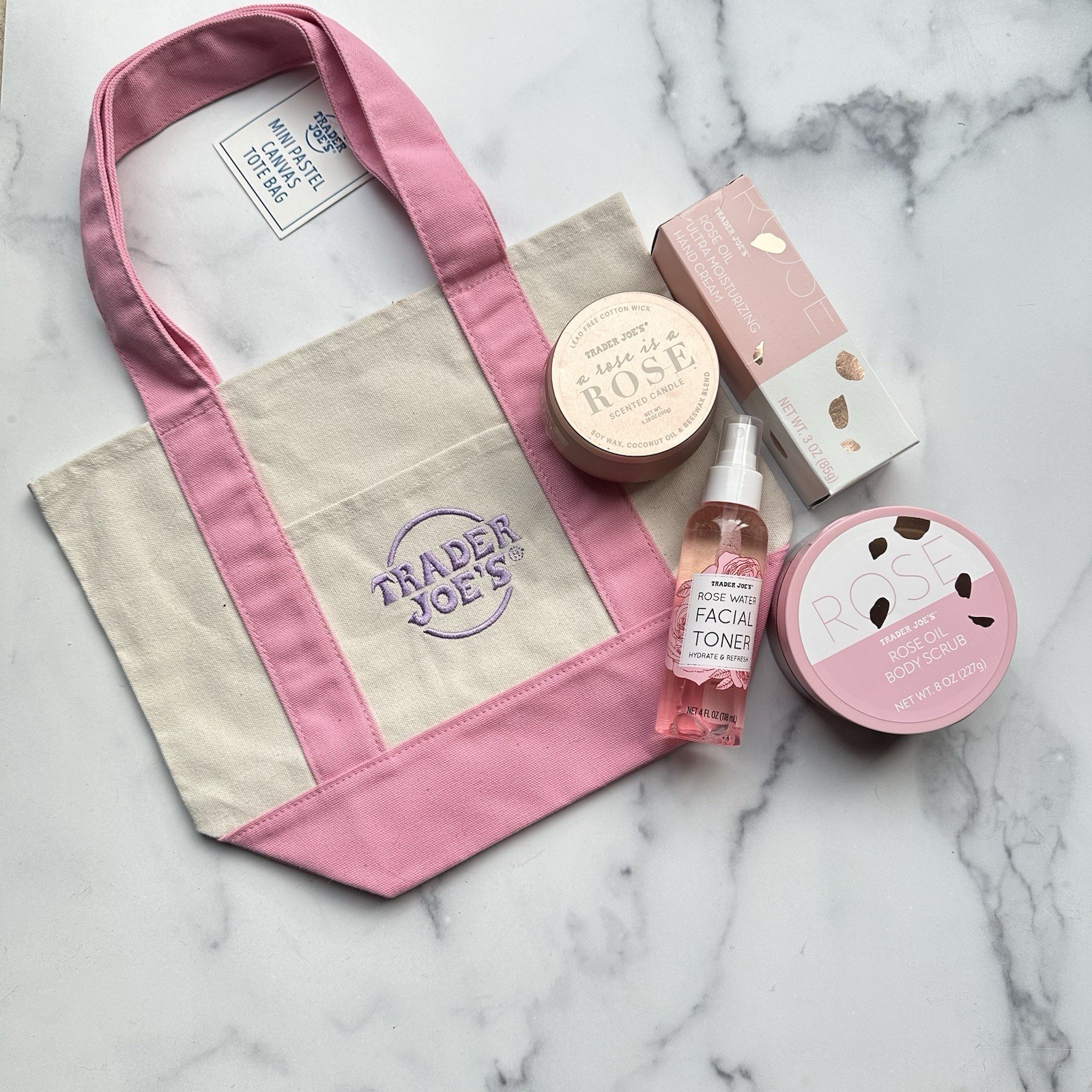 Trader Joe’s Canvas Tote Bag Gift Pink Rose Hand Cream Candle Face Toner Scrub