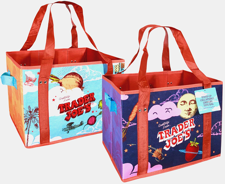 2X NEW TRADER JOE’S STAND UP COLLAPSIBLE TOTE GROCERY BAG. STURDY AND STORABLE