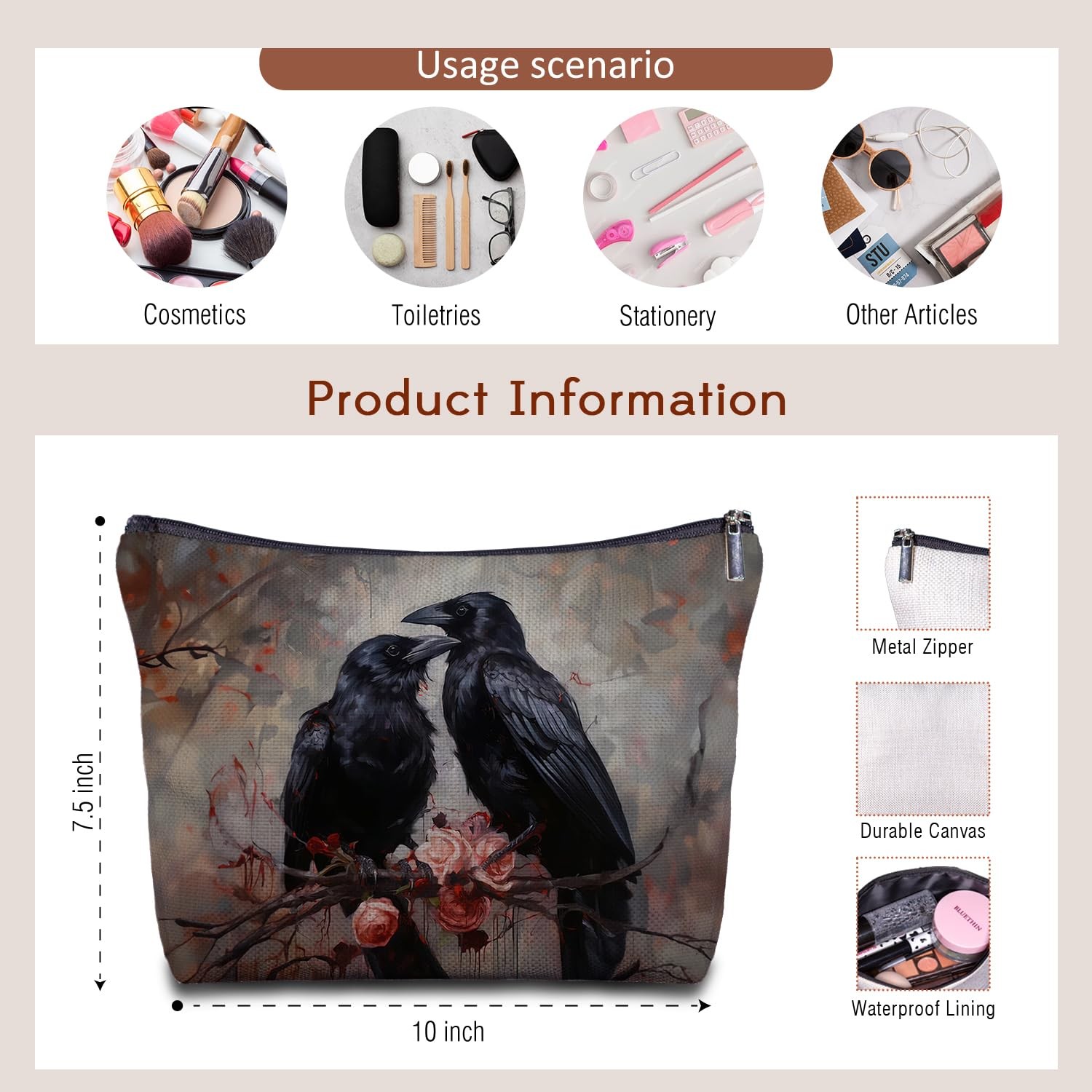 Zomhix Black Raven Couple Canvas Makeup Bag – Crow Goth Bag, Raven-01