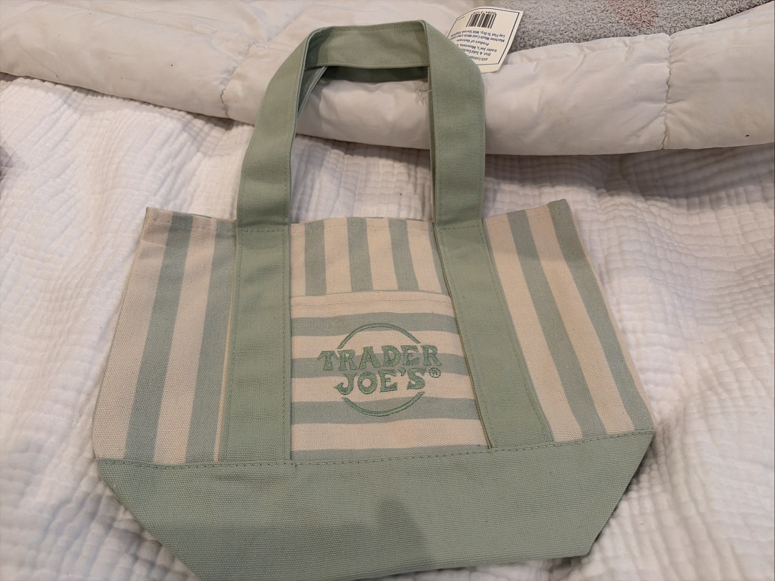 Trader Joe’s Small Striped Tote Bag Green/White 12x6x10 Polyester/Cotton