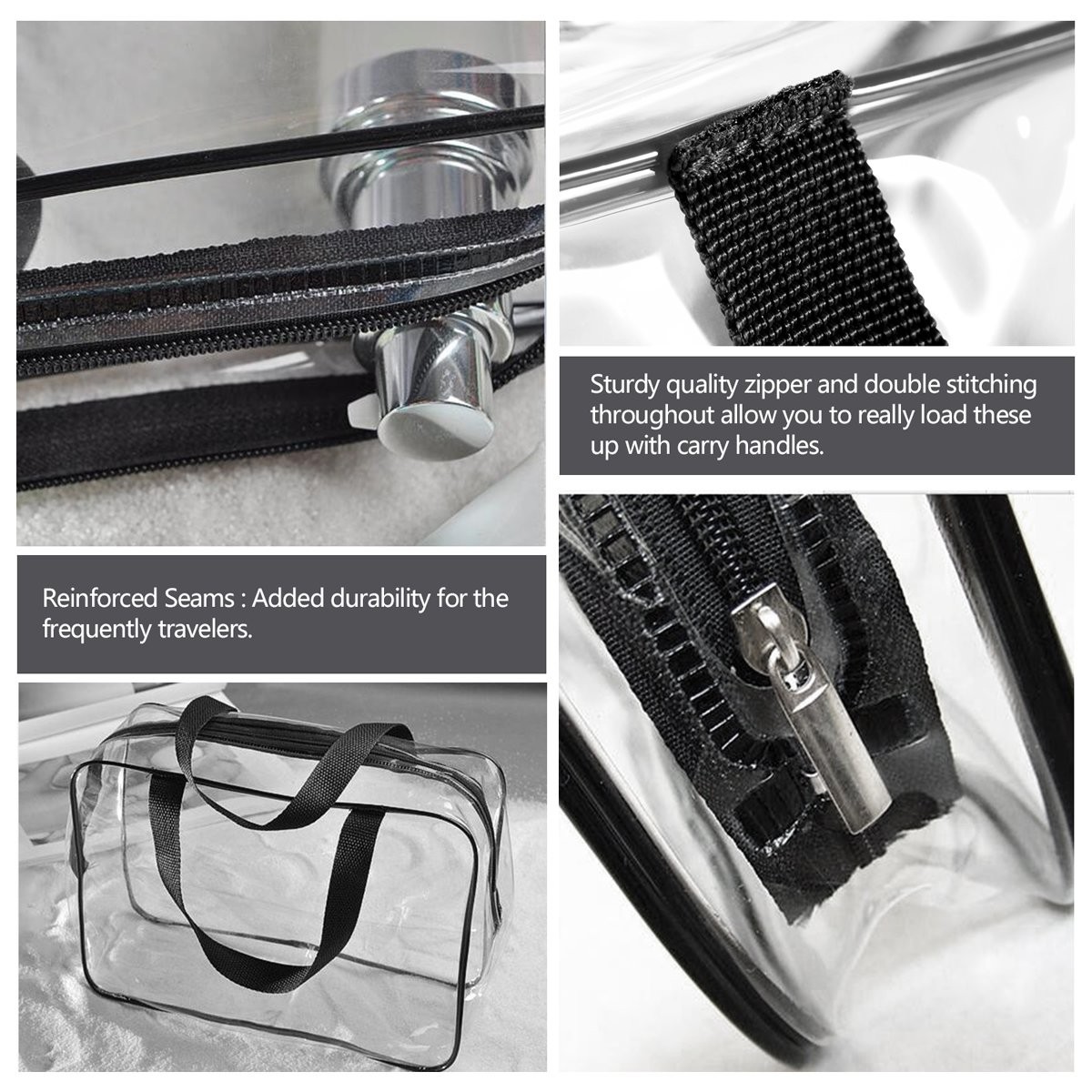 3Pcs Crystal Clear PVC Travel 3 Piece Set, 1 Large, 1 Medium, 1 Small-Black