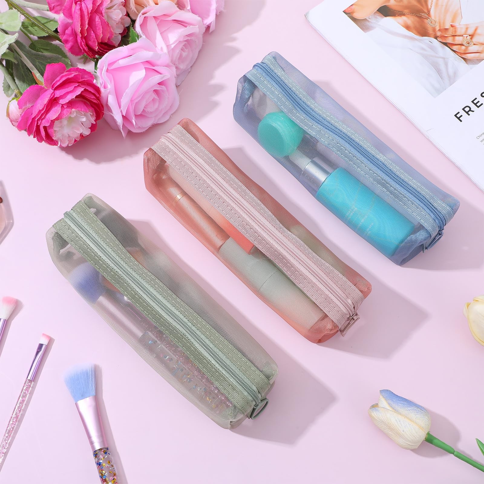 Qulkws 5 Pcs Multicolor Mesh Makeup Brush Bag, Transparent Nylon colorful