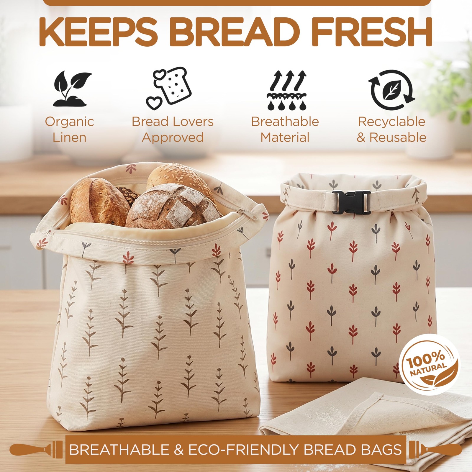 Minvura Pack of 2 XL Beeswax Bread Bags with 1 sordough X-Large, Off-white