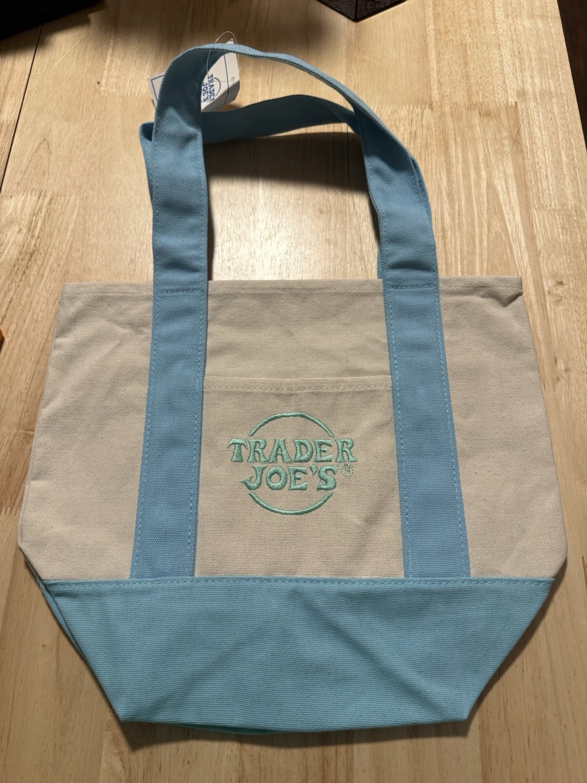 Trader Joe’s Canvas Tote Bag Reusable Beige Light Blue Shopping