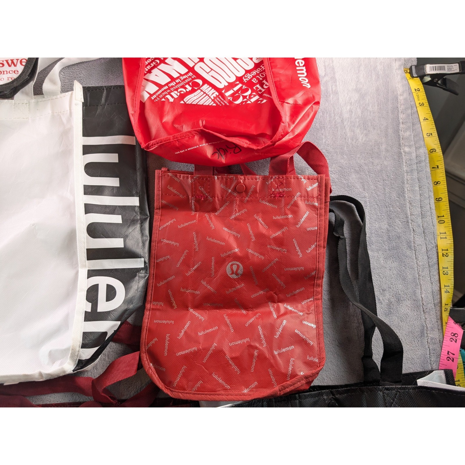 Lululemon Reusable Shopping Tote Bag Lot of 12 Red Black Lime Small Medium Large