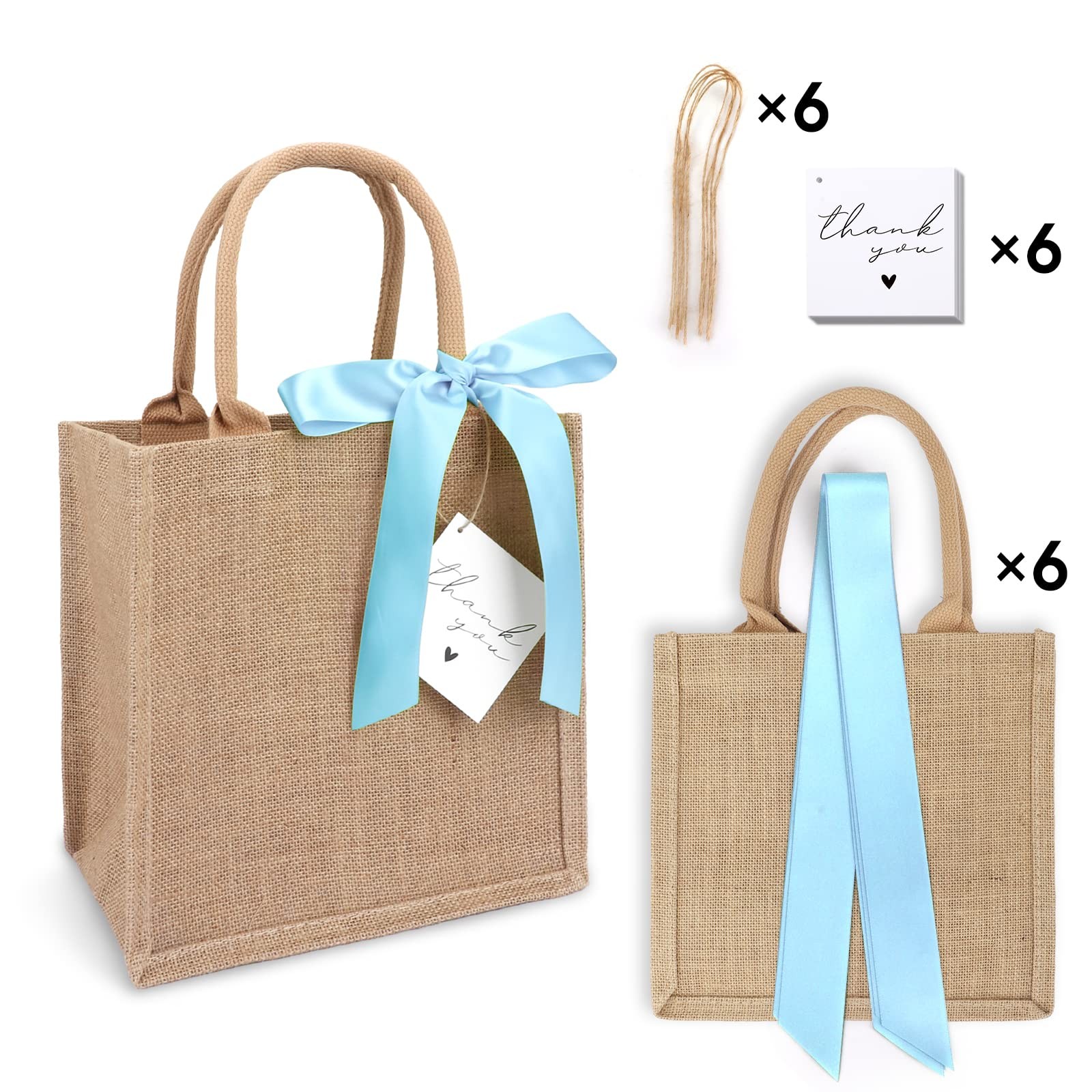 6 Pack Burlap Tote Bags with Handles Reusable Small Jute Gift Bags with Blue …
