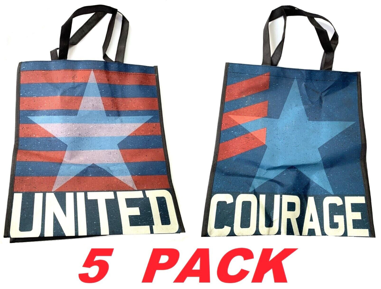USA Patriotic United Courage Reusable Tote Bag 100% Recycled Shopping Bags 5PACK