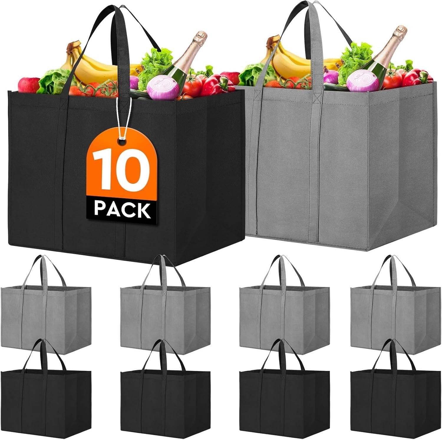 Extra Large Reusable Grocery Tote Bags – 10 Pack Foldable & Easy to Clean