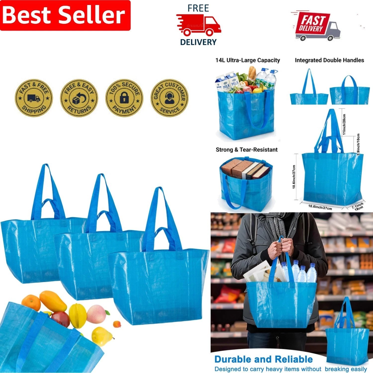 Lightweight and Stylish Set of 3 Blue Shopping Bags – Perfect for Organizing