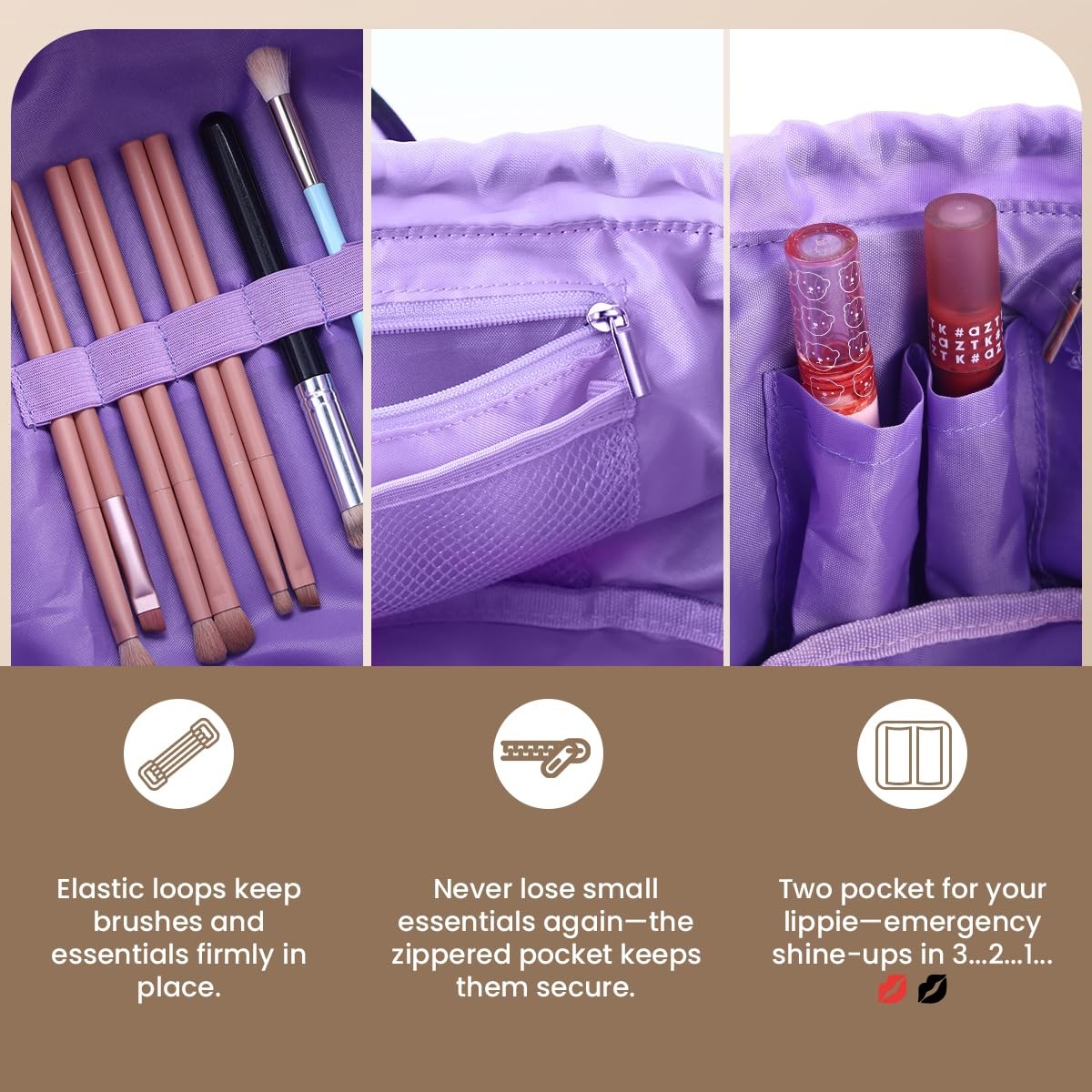 Lay Flat Drawstring Makeup Bag,Travel Cosmetic Organizer for Purple