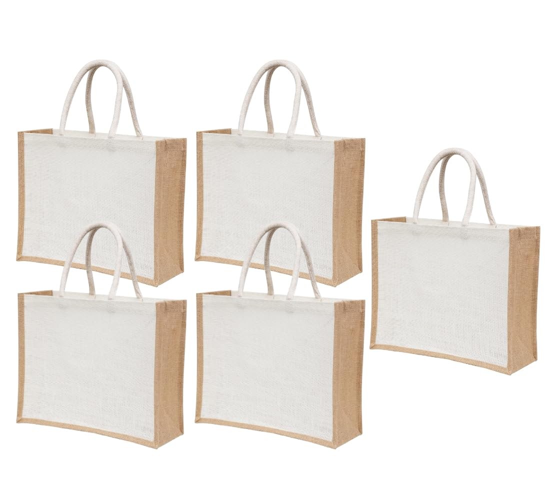 5 PCS Burlap Jute Tote Bags Reusable Grocery Shopping Bags 15.8×11.9×5.9 Inch