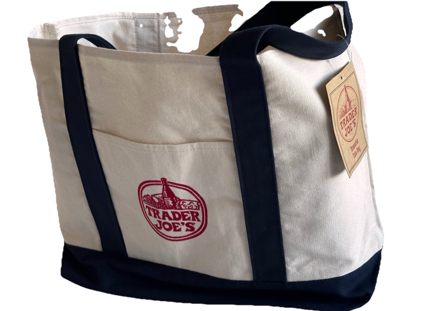 Trader Joes Canvas Limited Release Tote Shopping Bag LARGE Navy/Cream NEW w/TAGS