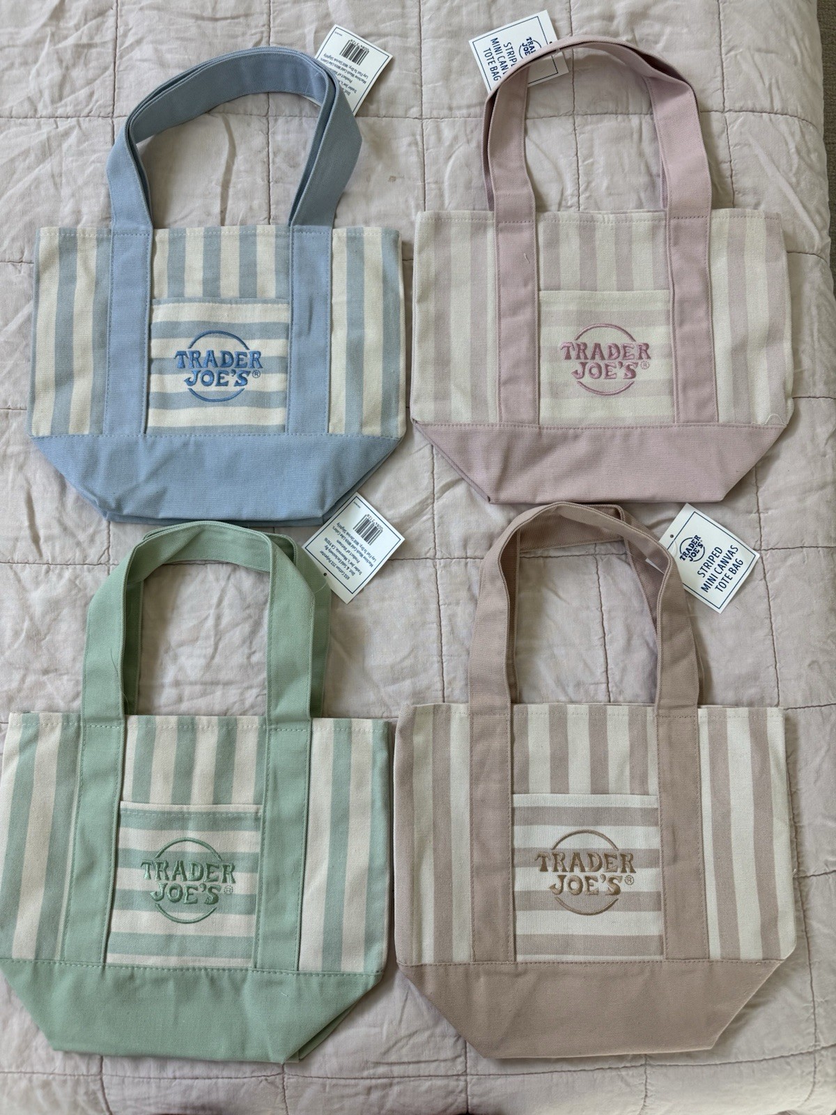 TRADER JOE’S MINI PASTEL STRIPE CANVAS TOTE BAGS SET Of 4 PINK BLUE GREEN BEIGE