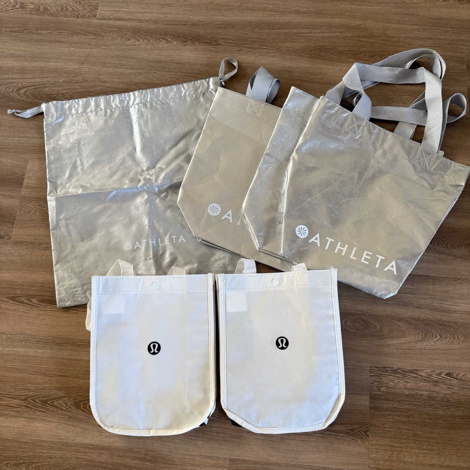 6 Athleta Lululemon Reusable Shopping Tote Bags Shiny Metallic Silver White