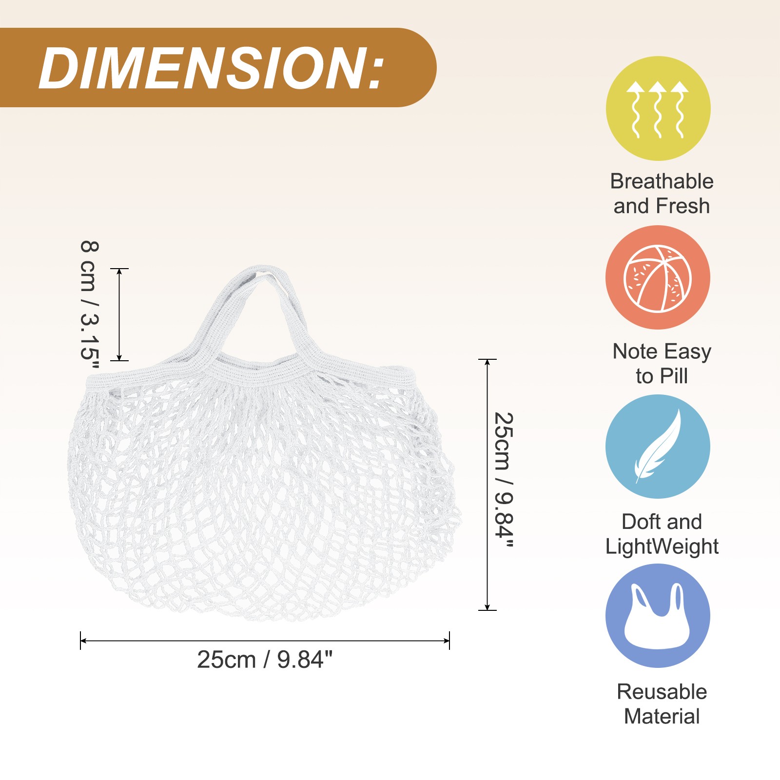 Reusable Mesh Produce Storage Bags Washable Portable Bag Short Handle White