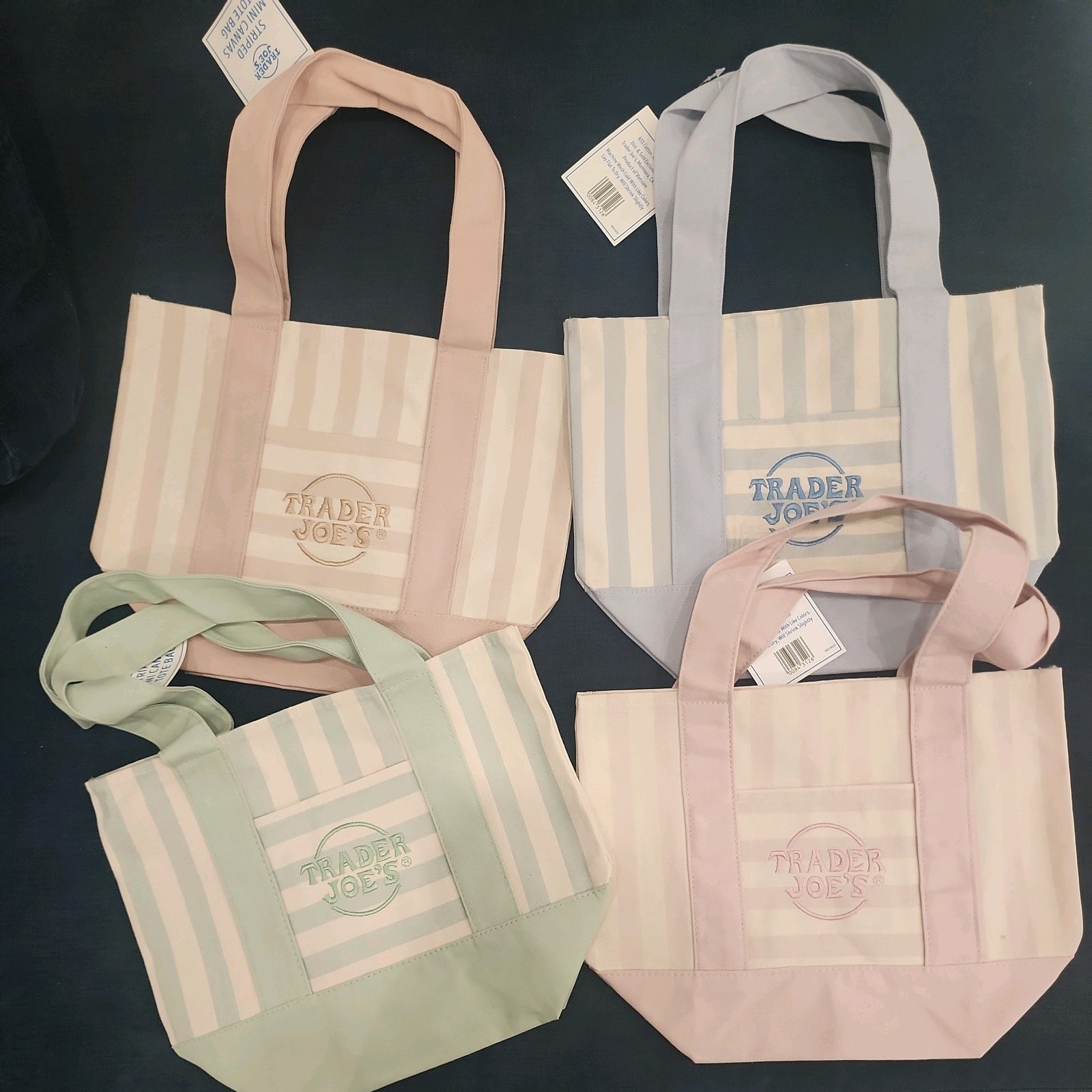 Trader Joe’s Set of 4 New Striped Mini Canvas Tote Bags Pink Blue Green Tan