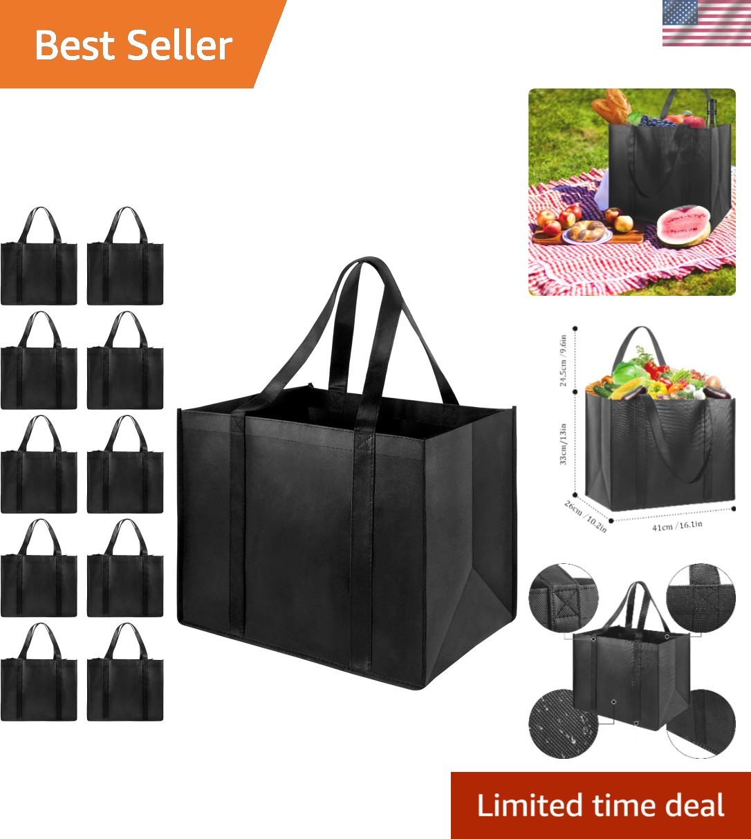 10 Pack Reusable Grocery Bags Heavy Duty XL Tote Foldable Washable Black