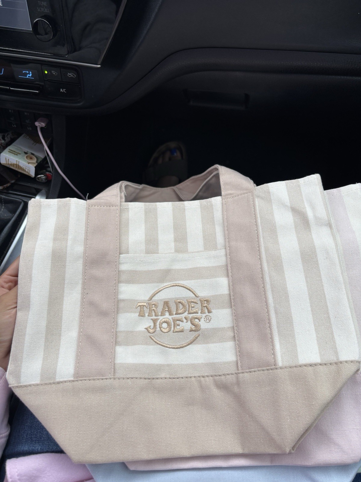 Trader Joe’s Reusable Tote Bag, Beige & White Stripe Pattern