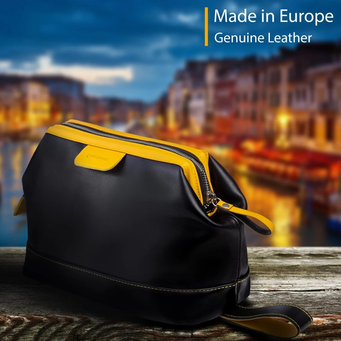 Genuine Leather Toiletry Bag for Men & Women – Large Waterproof Travel Black