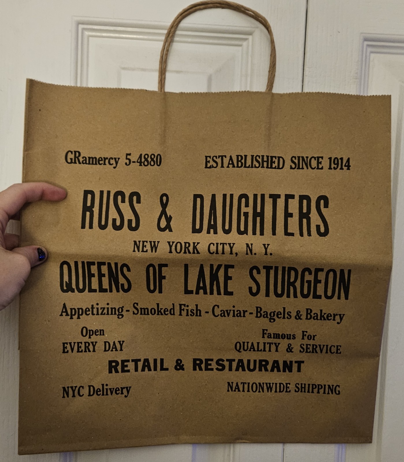 Russ & Daughters Brown Paper Tote Shopping Graphic Print Bag New York Bagel RARE