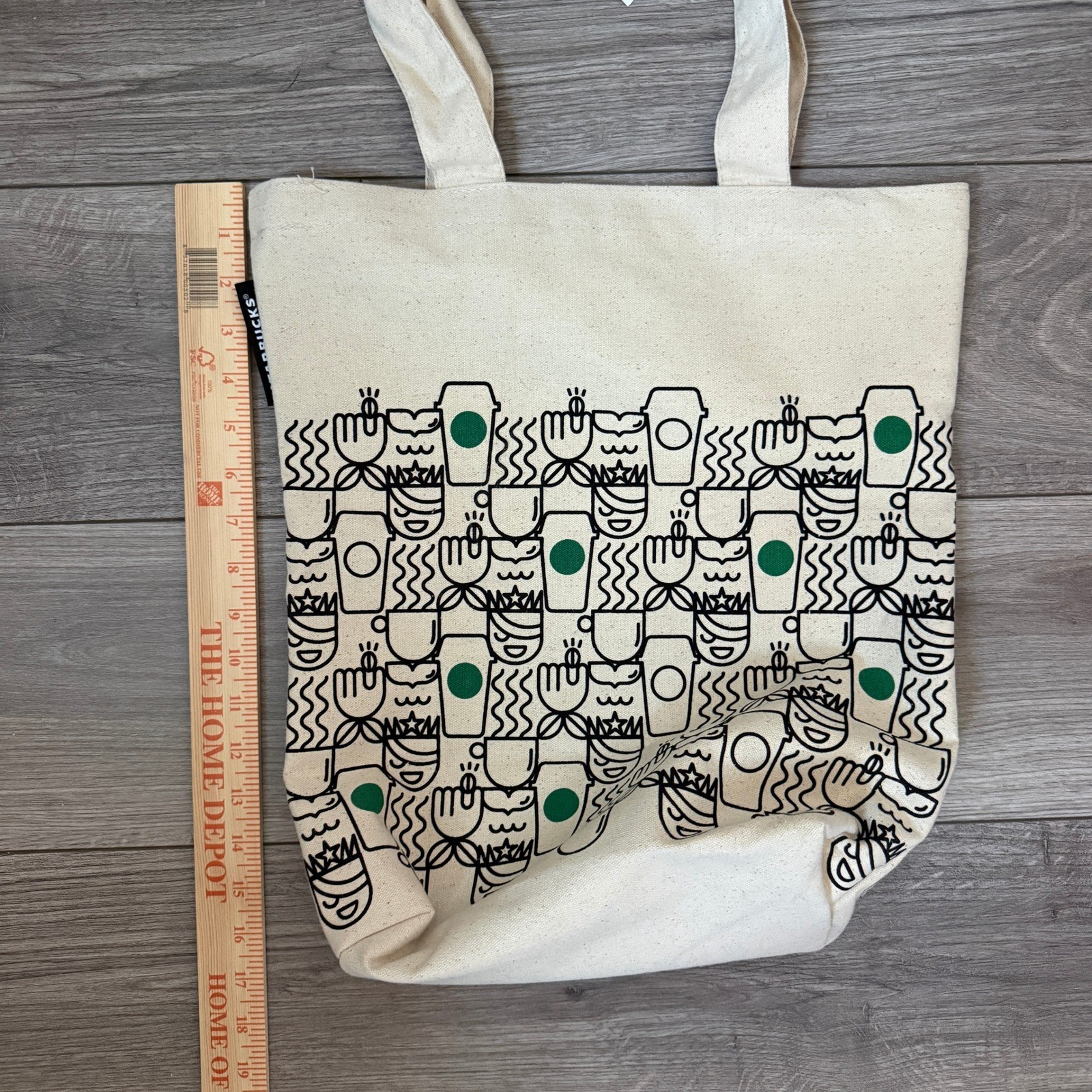 Starbucks Canvas Travel Tote Bag Cream Green Coffee Cup Doodle Print NWT 2017