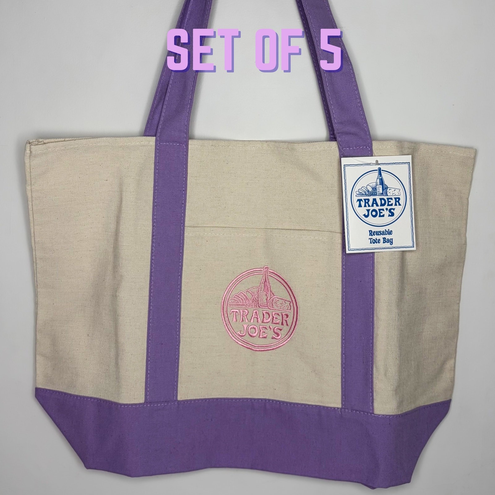 Lot of 5 Trader Joe’s Canvas Tote Bag Lavender Purple Pink Grocery Reusable NWT!